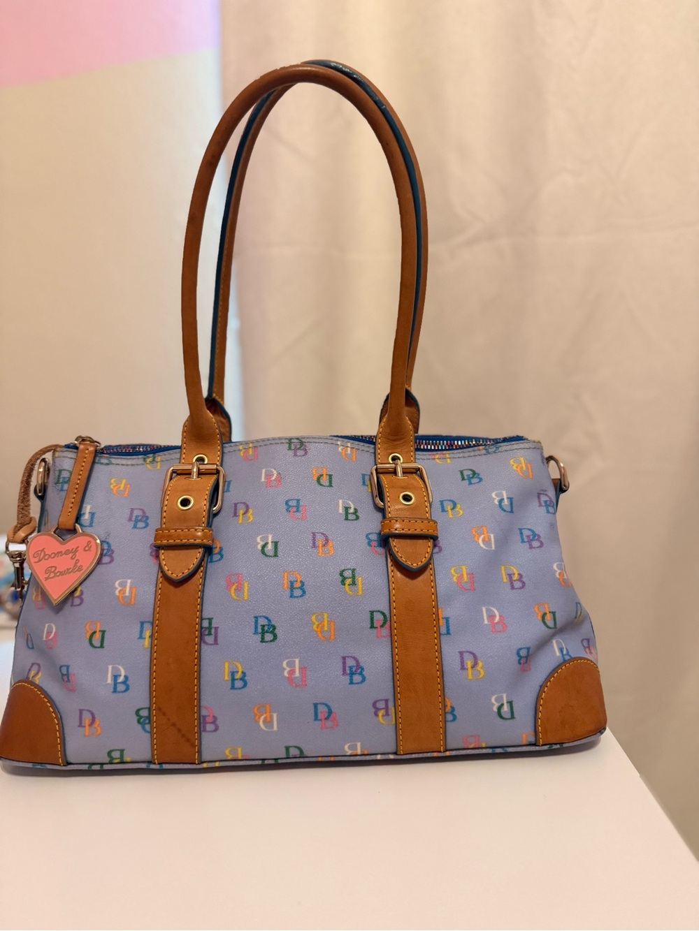 Dooney & Bourke Bag Rainbow Monogram Blue Coated Canvas Satchel Leather Trim